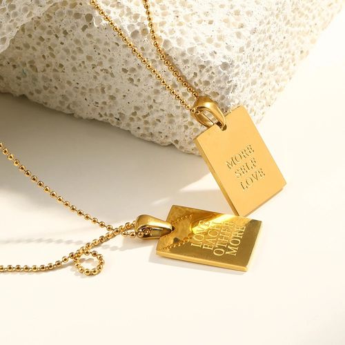 E.B.belle Stylish Hip Hop Personal Engraved Letter Square Pendant Necklace Beads Chain Stainless Steel Gold Color Necklace