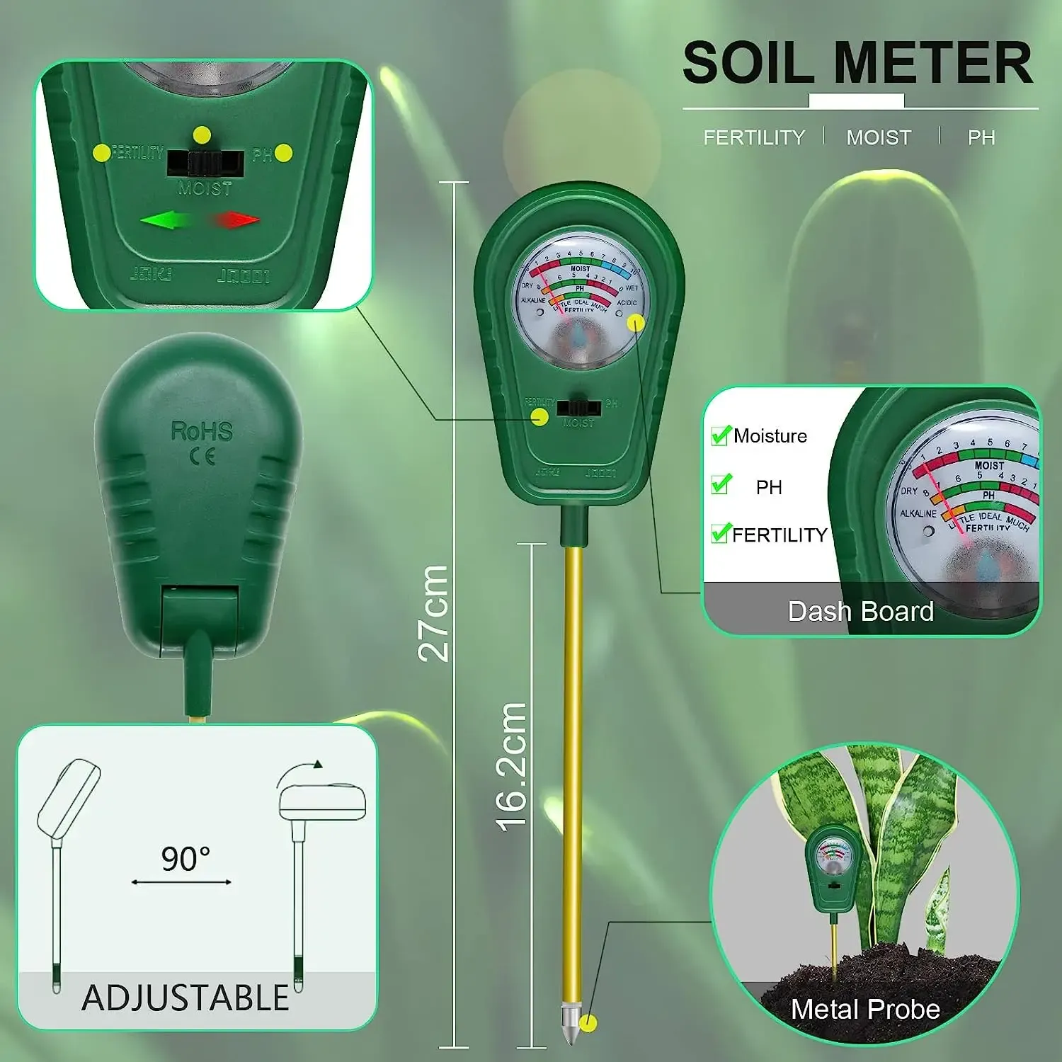 3-in-1 Soil Test Kit, Soil Moisture Meter Soil ph Meter Fertility Soil Tester, Soil Hygrometer for Garden, Farm House Plants