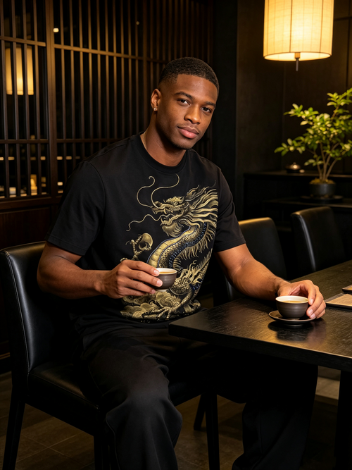 Black Gold Dragon Tengyun Pattern Oriental Luxury T-shirt