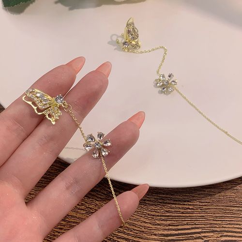 1PC Silver Butterfly Crystal Tassel Ear Clip Women's Earrings Shiny Rhinestone Chain Cartilage