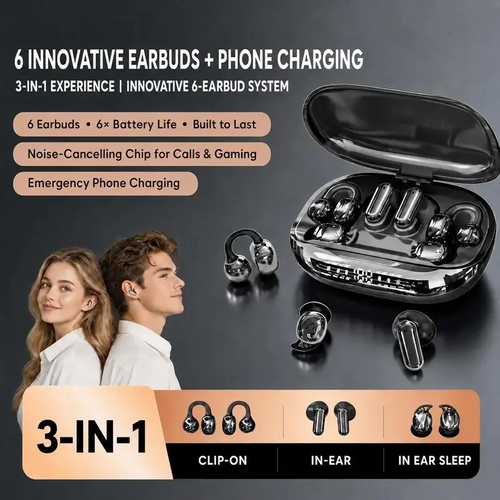 3-IN-1 Chargeable Wireless Audio Headset Combo - Portable Stereo Headphones with Power Bank Case, 6-Piece Electronic Set (In-Ear, Clip-On, Sleep) for Calls Gaming