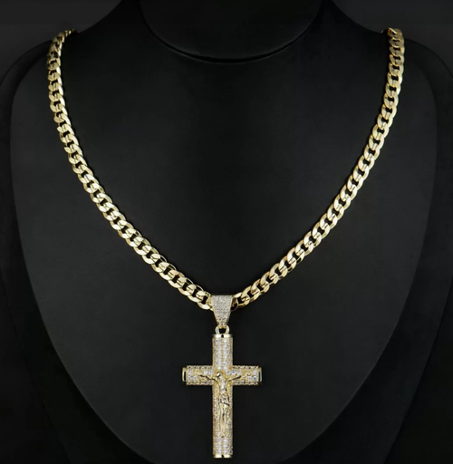 Cross Necklace for Men with Jesus Crucifix Pendant - 24  Cuban Figaro Rope Miami Chains