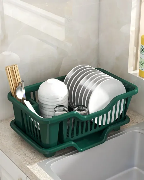 Plastic Dish Rack with Drain Board and Utensil Cup Kitchen Drainage Basket Utensil Holder and Extra Drying Mat Drainage Rack