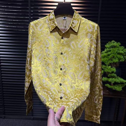 Gold Paisley Velvet-Patterned Long-Sleeve Shirt