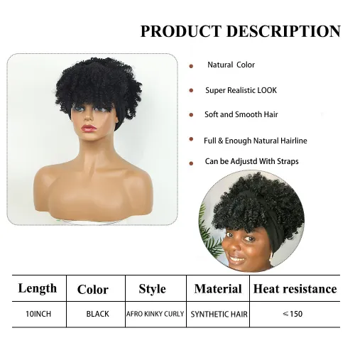 Short Curly Headband Wig Kinky Curly Wig with Turban Ombre Synthetic Head Wrap Wigs Hair High Temperature