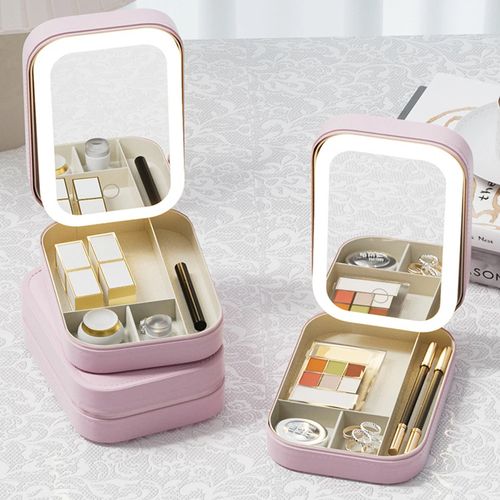 Three-color LED light mirror makeup box, travel cosmetic and jewelry box, a perfect birthday wedding bridesmaid women's gift for her.