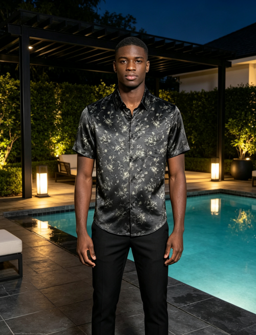 Black Satin Floral Short Sleeve Shirt