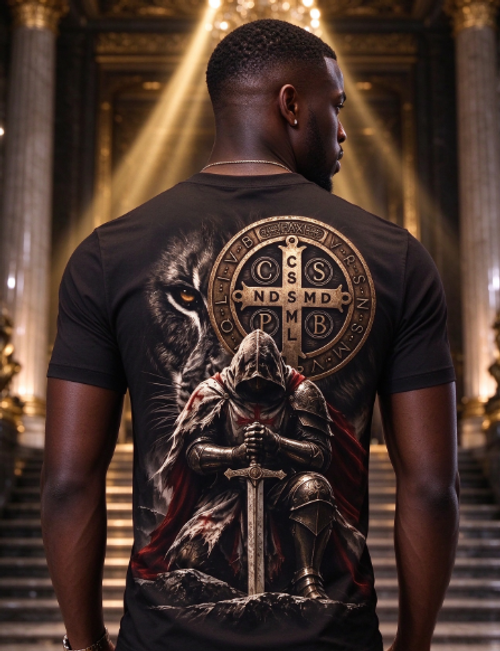 Templar Knight Lion St Benedict Medal Warrior Tee