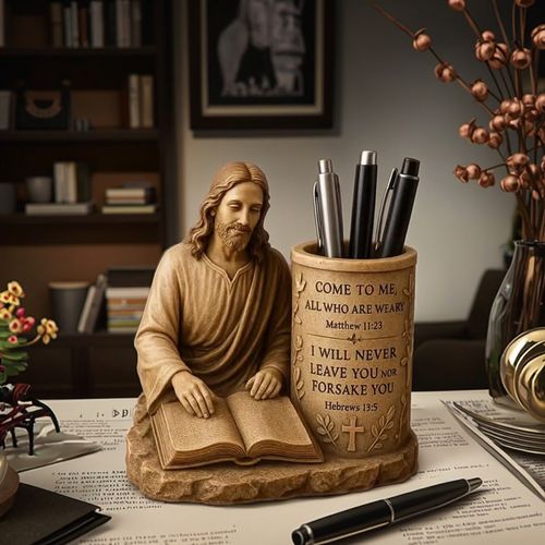 📜📚✏️🔥New pencil holder with Bible verse, handcrafted resin statue, pen holder