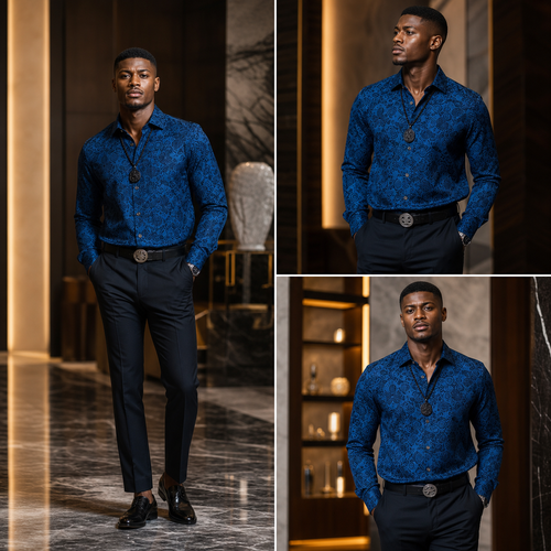 Men's Blue Patterned Ice Silk Short-Sleeve Shirt (Premium Style)