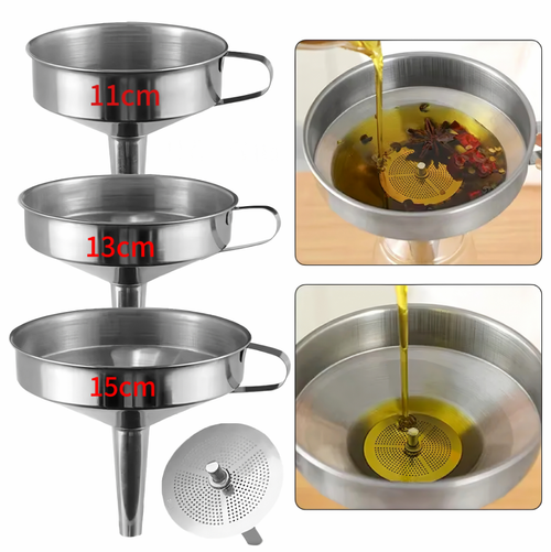 The stainless steel funnel comes with a strainer to filter out oil residue（Three-piece set）