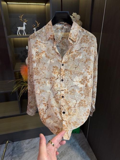 Men's white summer printed ice-silk shirt