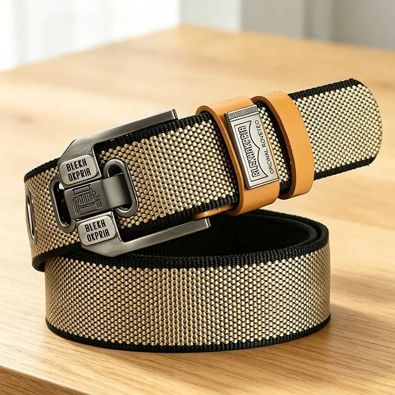 Buckle-Free Men's Belt, Holeless Strap, Large Square Alloy Buckle with Brass Accents, Cotton-PU Leather Strap, Durable Flexible Slip-On, Versatile Fashion Belt, Trendy Holiday Present