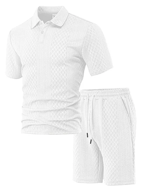 Casual Sports Style Short Two Piece Set Men's Fashion Solid Color Jacquard Short Sleeves Pullover POLO Shirt Shorts 2 Piece Sets