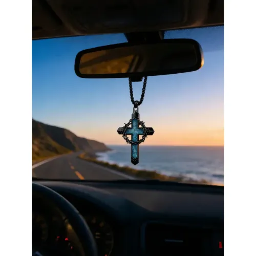 Vintage Punk Crown of Thorns Cross Rearview Mirror Hanging Pendant with Turquoise Inlay