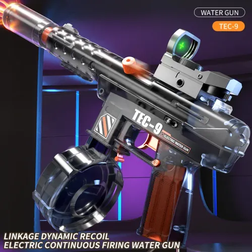 Electric lithium battery-powered water gun with muzzle flame effect.
