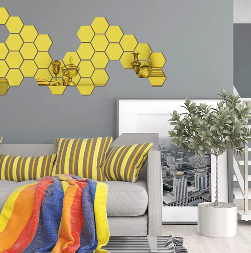 15pcs 3D Hexagon Mirror Wall Sticker Rose Gold DIY TV Background Living Room