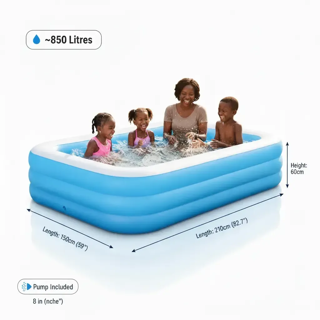 Oversized Family Blow-Up Pool – 210cm x 150cm x 60cm Backyard Water Park for Kids & Adults
