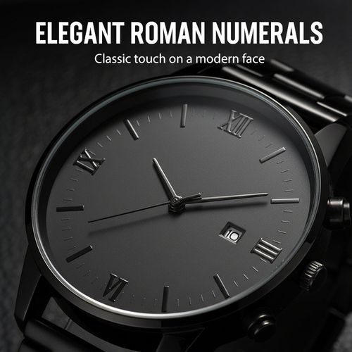 🎉💰 50% off ⚡ Minimalist quartz watch for men with date display – All black stainless steel, Roman numerals on the dial and watchmaking precision! ⌚🖤
