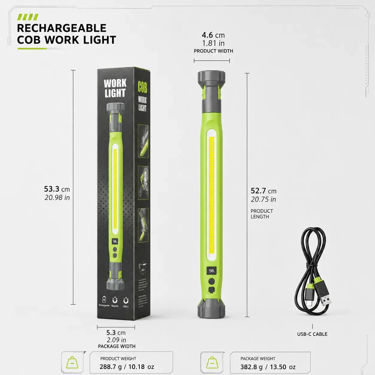 Rechargeable COB Work Light, USB-C Magnetic LED InspectionLight with Hook & Clamp