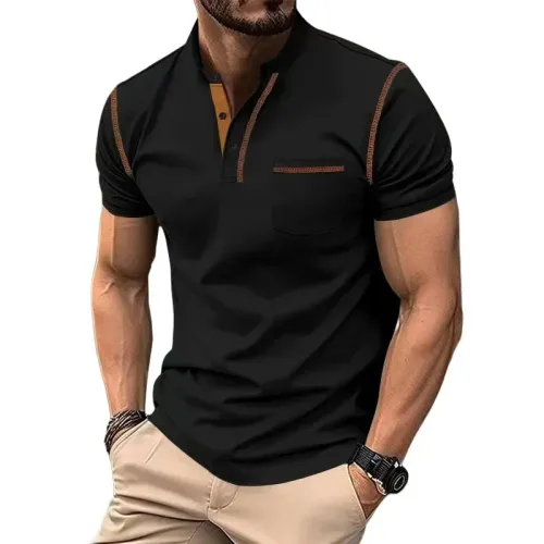 Summer New Men Henry Collar Short Sleeve Golf POLO Shirt Personality Pocket Style