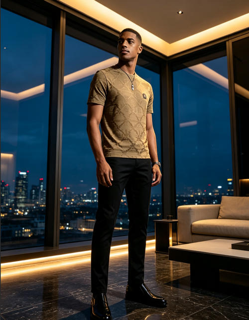 Men Luxury Khaki Jacquard T‑Shirt | Tiger Badge