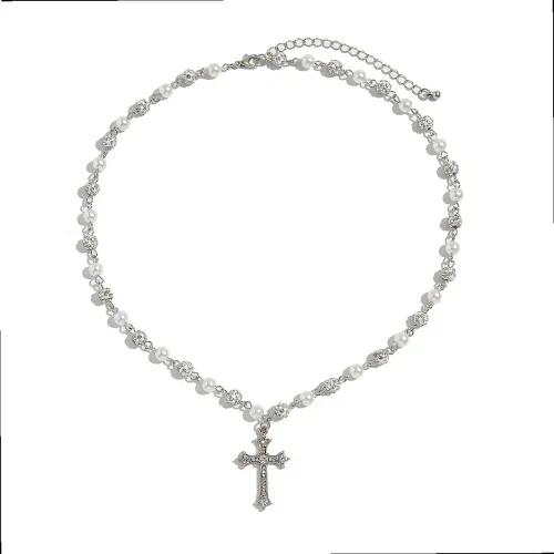 Silver Pearl Rhinestone Chain Cross Pendant Necklace, Dainty Vintage Religious Faith Layering Jewelry for Women Daily Party