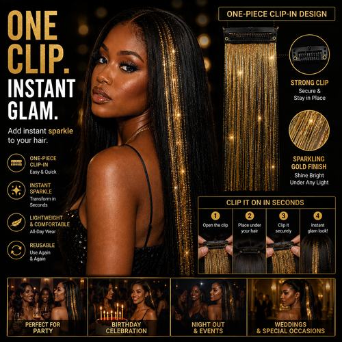 ✨ Holographic Gold Sliver Clip-In Hair Tinsel Extension – One-Piece Sparkling Hair Extension for Party, Birthday & Special Occasions ✨