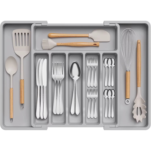 Multi Compartment Expandable Kitchen Drawer Organizer Plastic Cutlery Tray Silverware Utensil Storage Divider for Flatware