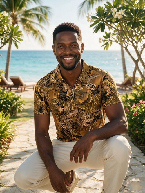 Trendy printed collar short sleeved T-shirt
