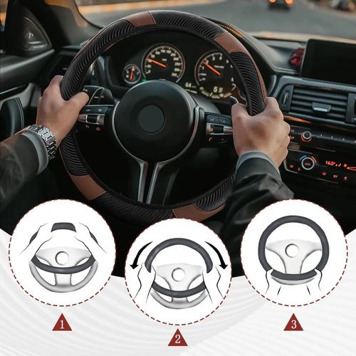 2 pieces PU Carbon Fiber Leather Car Steering Wheel Cover Breathable and Anti Slip
