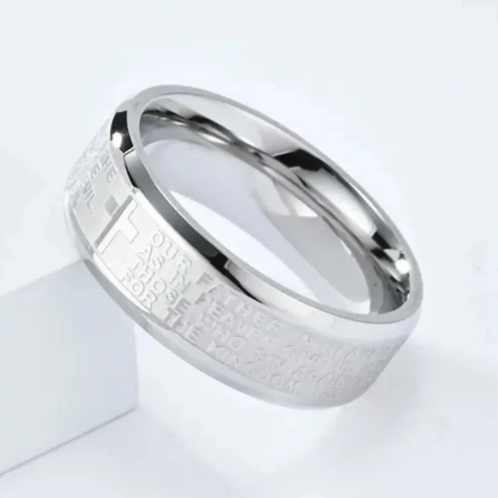 Vintage Cross Scripture Ring Fashionable Men's Stainless Steel Prayer Talisman Rings Catholic Faith Jewelry Gifts