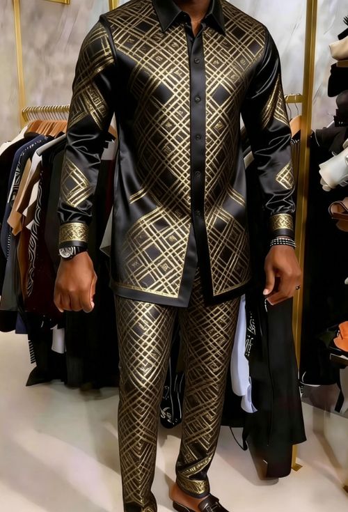 Men's Luxury Black Gold African Print 2-Piece Set – Long Sleeve Button Down Shirt and Matching Trousers, Elegant Geometric Pattern Casual Party Outfit
