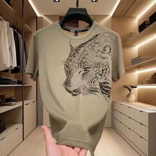 Men Textured Mesh Leopard Graphic Short Sleeve T-Shirt