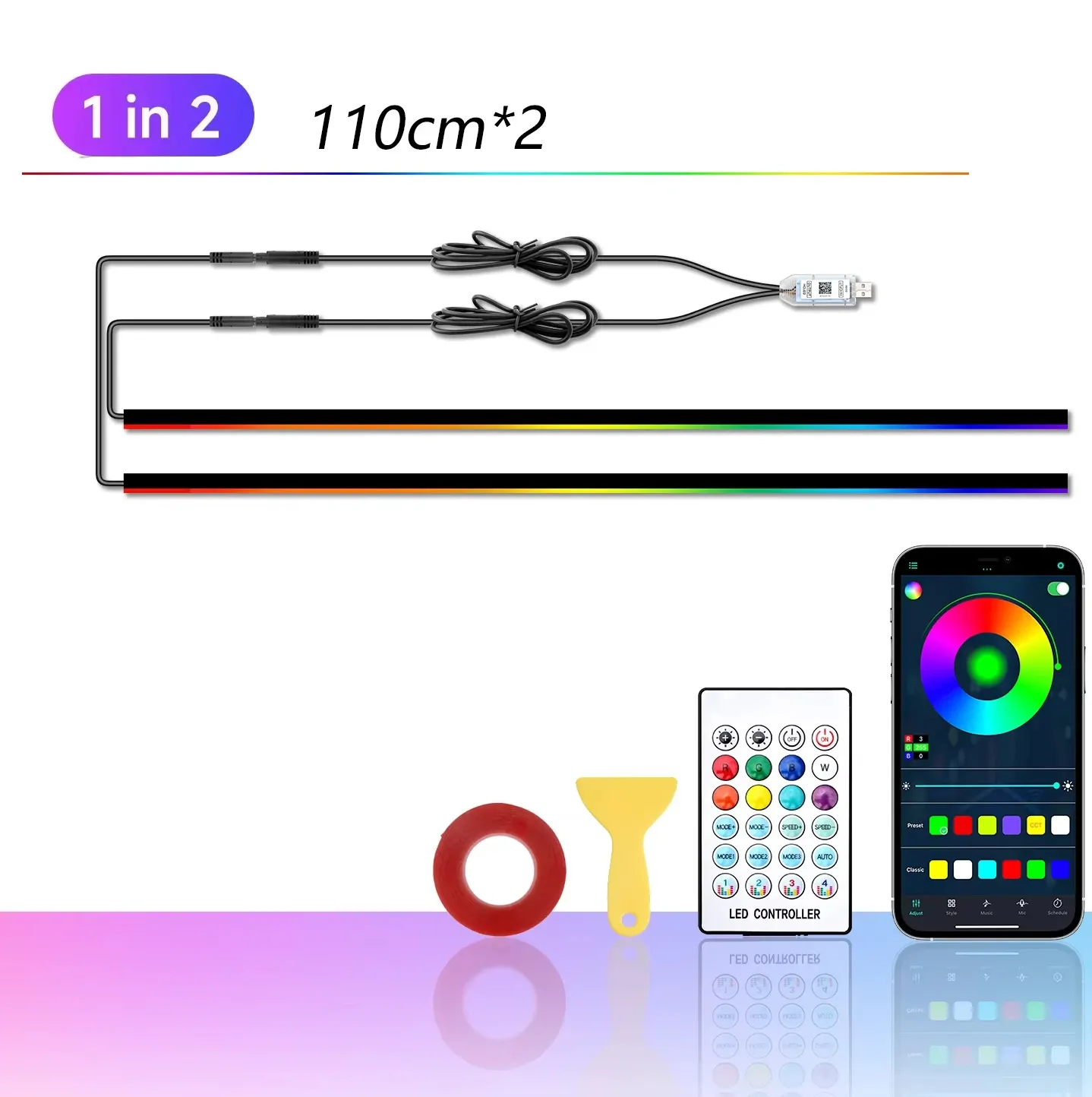 Car LED Acrylic Light Strip RGB Auto Interior Strip Lights Remote Phone APP Control Decorative Atmosphere Lamp with APP Remote