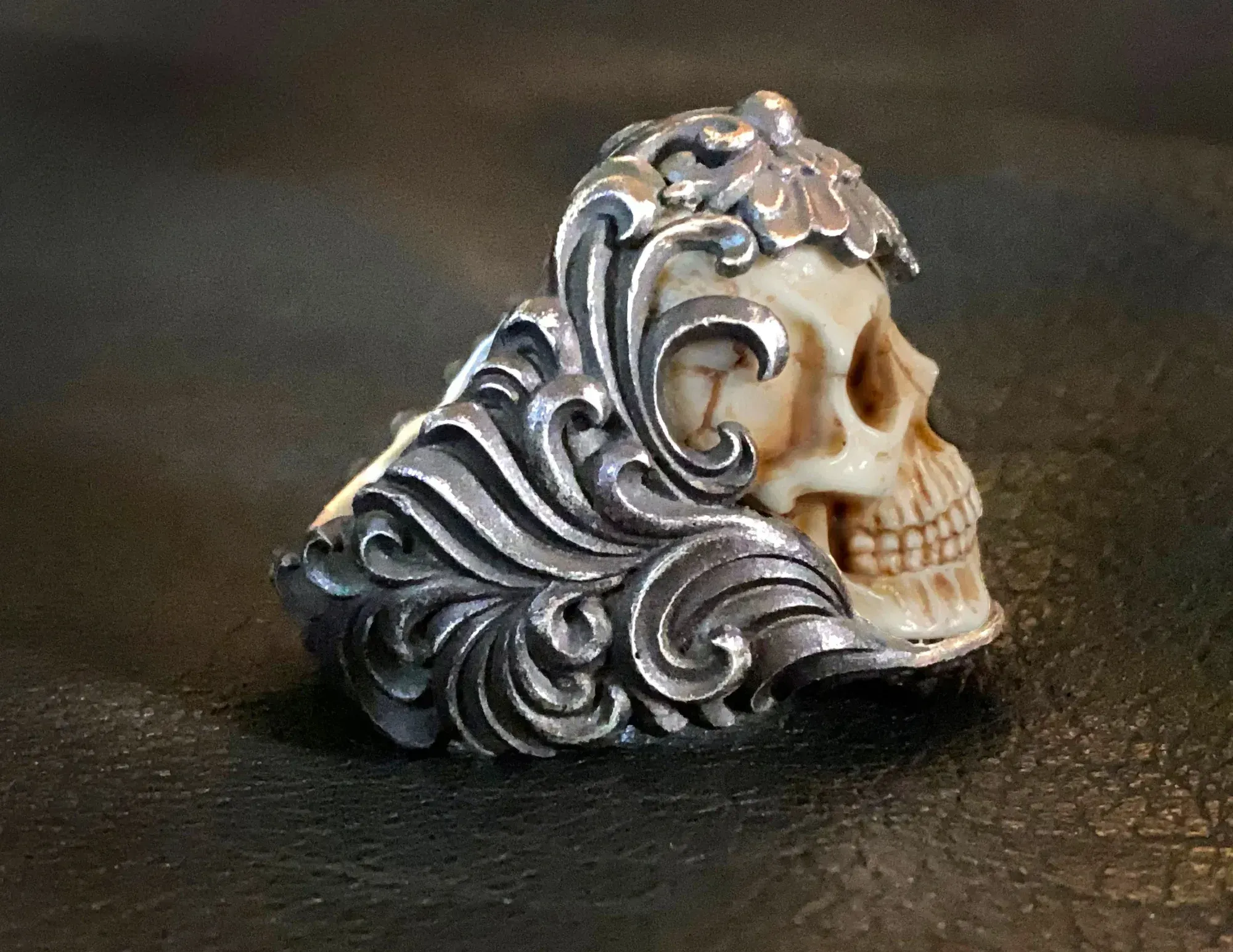 💀Adjustable opening Vintage Polish Floral Armor Antler Skull Ring