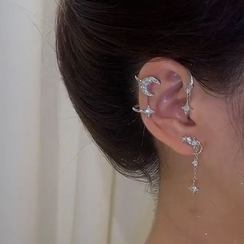 Luxury Non-pierced Crystal Moon Four-pointed Star Earrings (1 pair)
