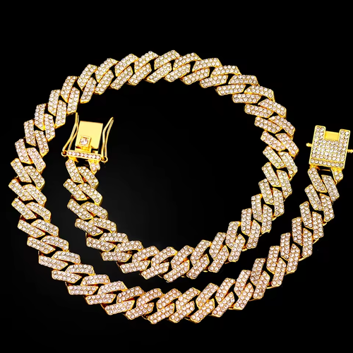 20 inch Gold Color Cuban Link Chain for  Men 2 Row Rhinestone Rhombus Prong Cuban Necklaces Hip Hop Jewelry