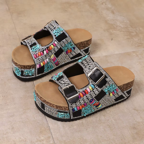 Women's Rhinestone Double Buckle Thick Sole Sandals – Fashionable Summer Shoes