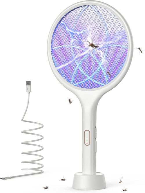 Electric Fly Swatter 4000V Bug Zapper Racket Dual Modes Mosquito Killer with Purple Mosquito Light Rechargeable