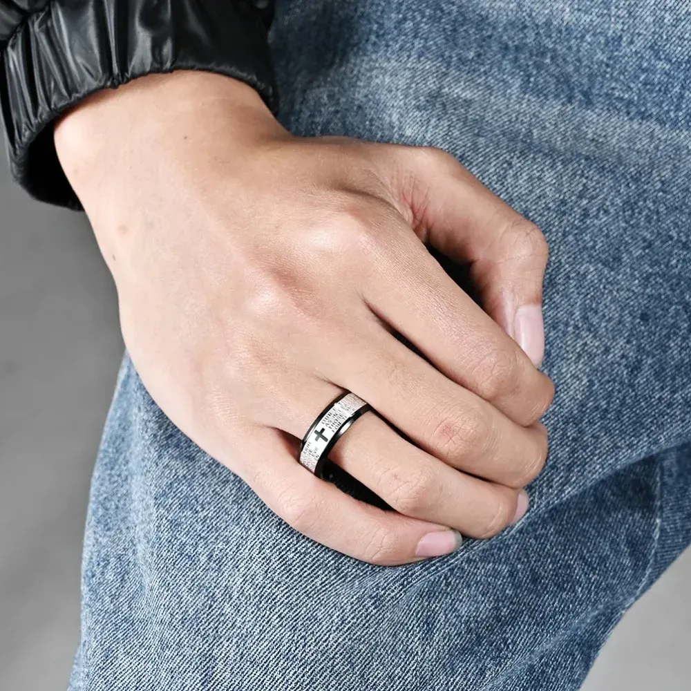 Vintage Cross Scripture Ring Fashionable Men's Stainless Steel Prayer Talisman Rings Catholic Faith Jewelry Gifts