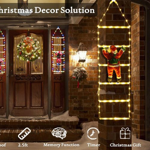 Santa Claus climbing ladder lights, colorful lights, Christmas tree wall decoration lights