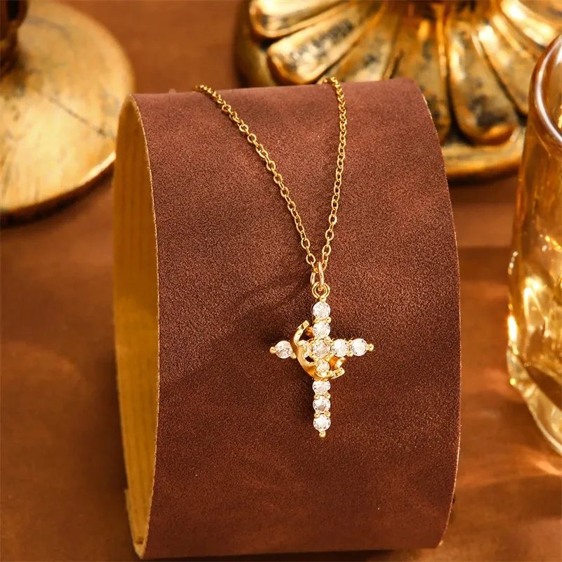 3PCS Delicate Rotatable Crown Zircon Cross Pendant Necklace for Women Stainless Steel Chain Birthstone Necklace Jewelry Birthday Gift