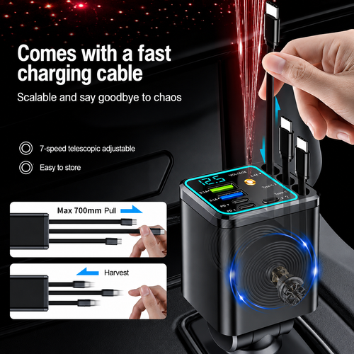 7-in-1 Retractable Car Fast Charger (with Starry Sky Roof Light)