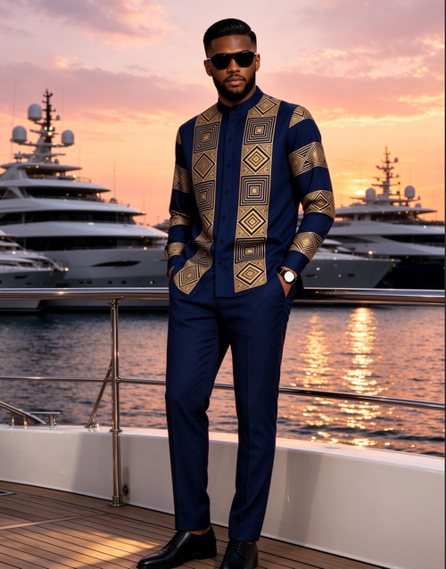 Plus Size Men's Elegant Geometric Print Two-Piece Set – Long Sleeve Shirt & Tailored Pants
