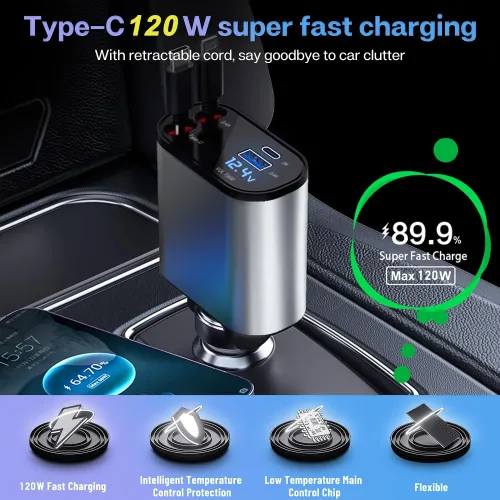 120w 4 IN 1 Retractable Car Charger Mobile Phone USB PD Type C Cable For iPhone Fast Charge Cord Cigarette Lighter QC Adapter