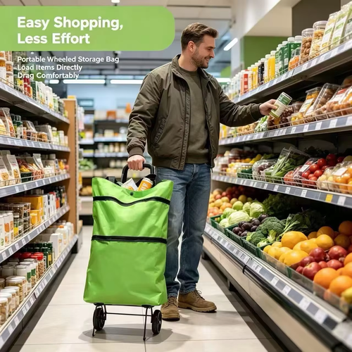 Lightweight, foldable shopping trolley with wheels (can also be carried over the shoulder)