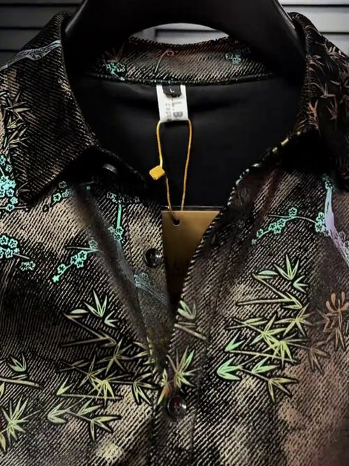 High-end long-sleeved shirt in green bamboo-print fabric
