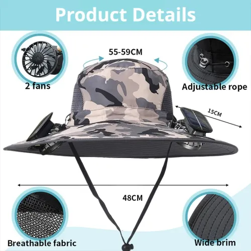 Camouflage Solar Powered Fan Hat UV Protection Sun Hat with 2 Solar Fans
