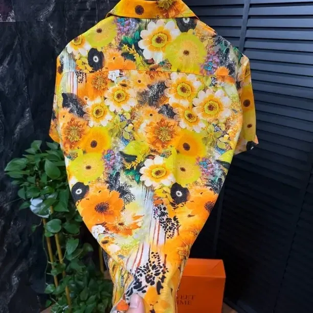 Sunflower-print retro Cuban-collar shirt